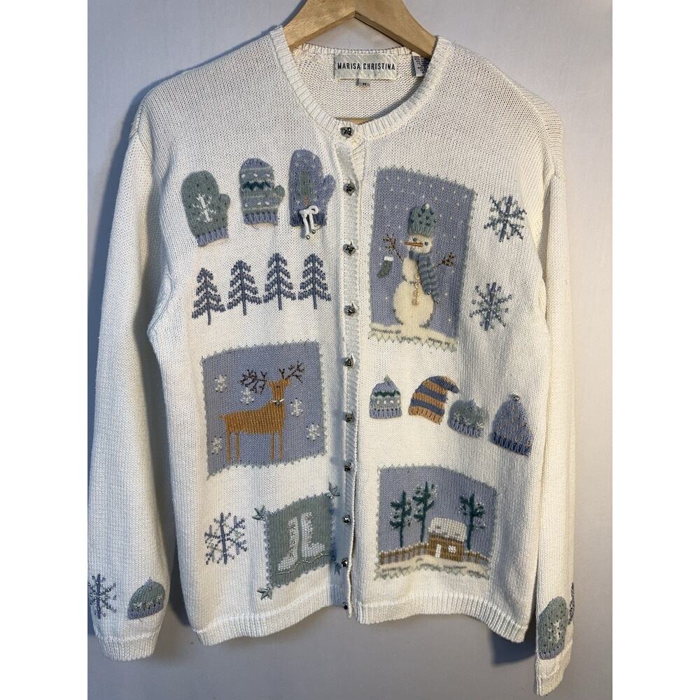 Vintage Snowman Bell Button Cardigan Womens M Cottagecore Winter Sweater